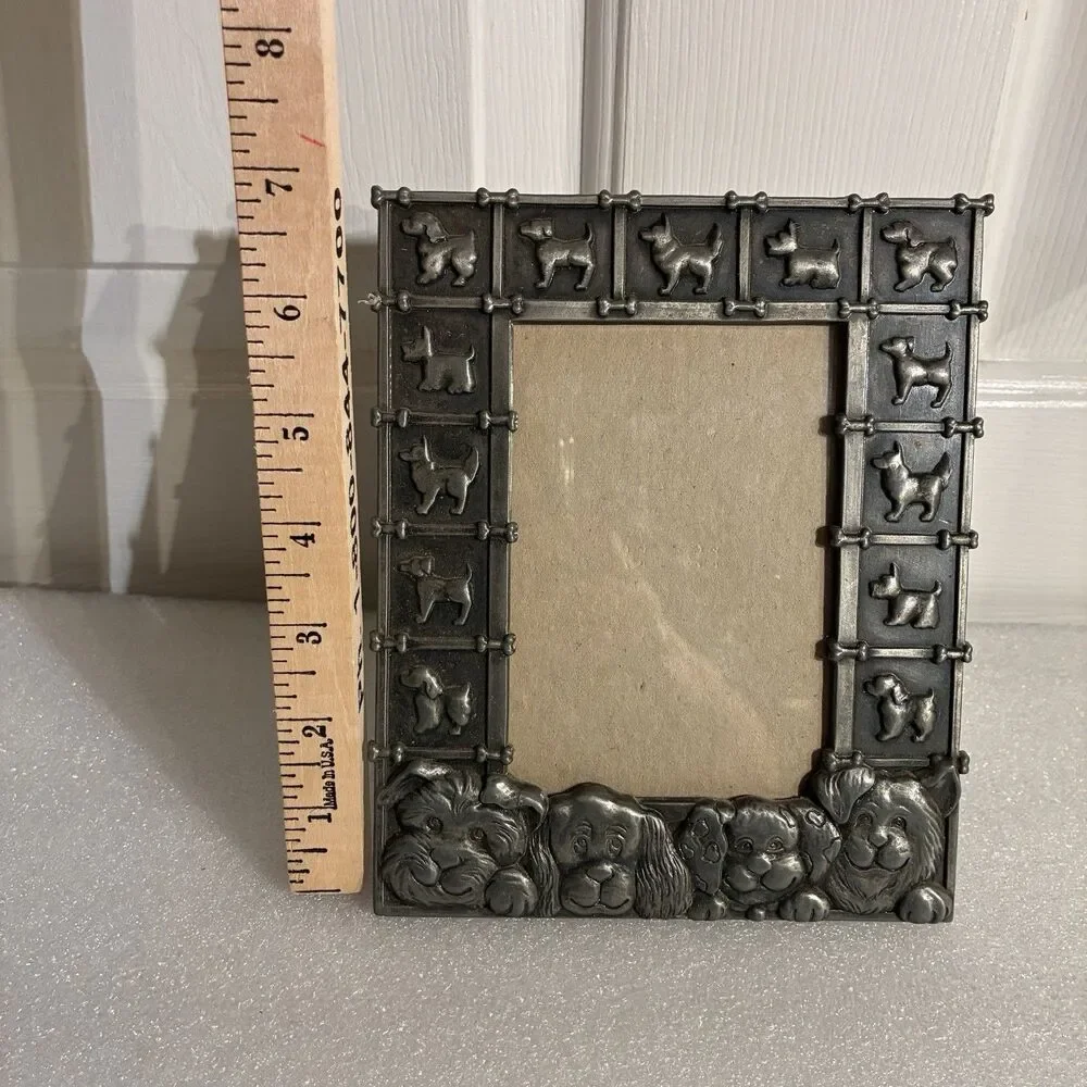 Pewter Picture Frame W/4 Dogs Faces & Trimmed W/ Dog Silhouette & Bones. 4”x6”